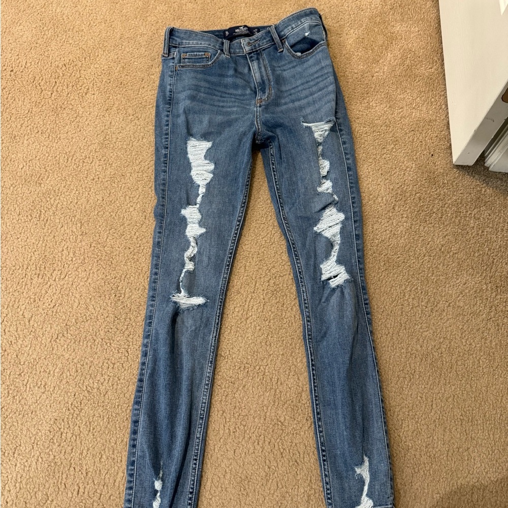 Hollister Blue High-Rise Crop Skinny Jeans with Distressed Details